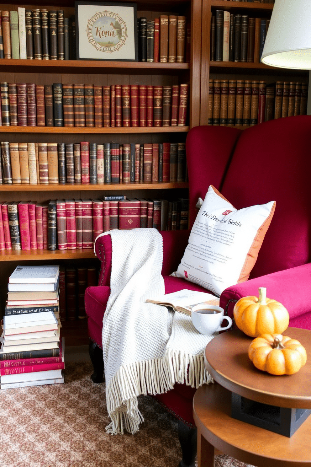 Create a cozy reading nook inspired by classic novels. The space features a plush armchair upholstered in rich burgundy fabric, positioned next to a wooden bookshelf filled with beautifully bound editions of classic literature. A warm, inviting throw blanket is draped over the armchair, and a small side table holds a steaming cup of tea and a decorative pumpkin for a festive touch. Soft, ambient lighting from a nearby floor lamp enhances the atmosphere, making it the perfect spot for enjoying Thanksgiving-themed reading.