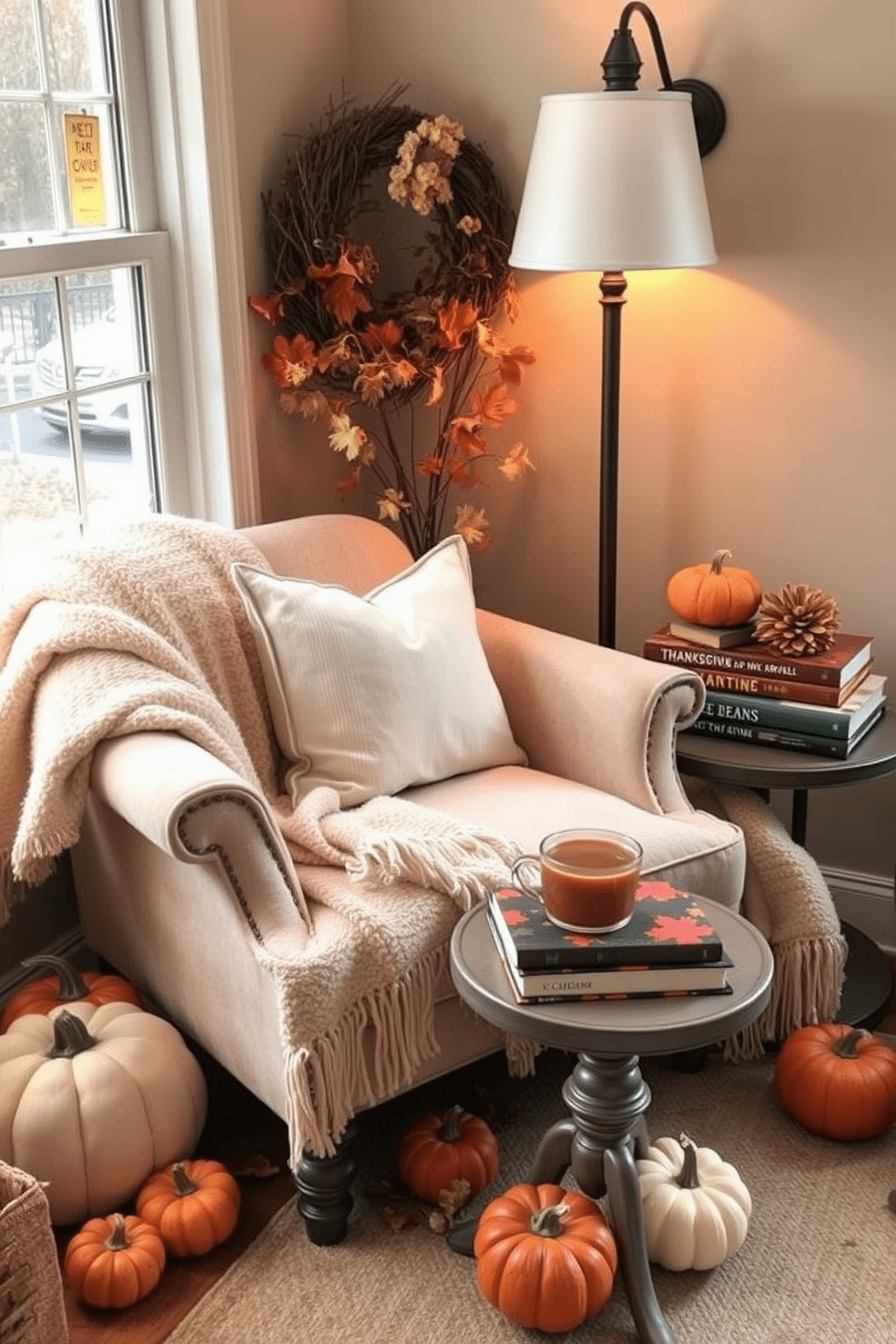 A cozy reading nook adorned for Thanksgiving features a plush armchair draped with a soft, warm blanket. Miniature pumpkins in various sizes are scattered around the space, adding a festive touch to the inviting atmosphere. A small side table holds a stack of autumn-themed books and a steaming cup of cider. Soft, ambient lighting from a nearby lamp enhances the warmth of the nook, creating an ideal spot for relaxation and enjoyment.