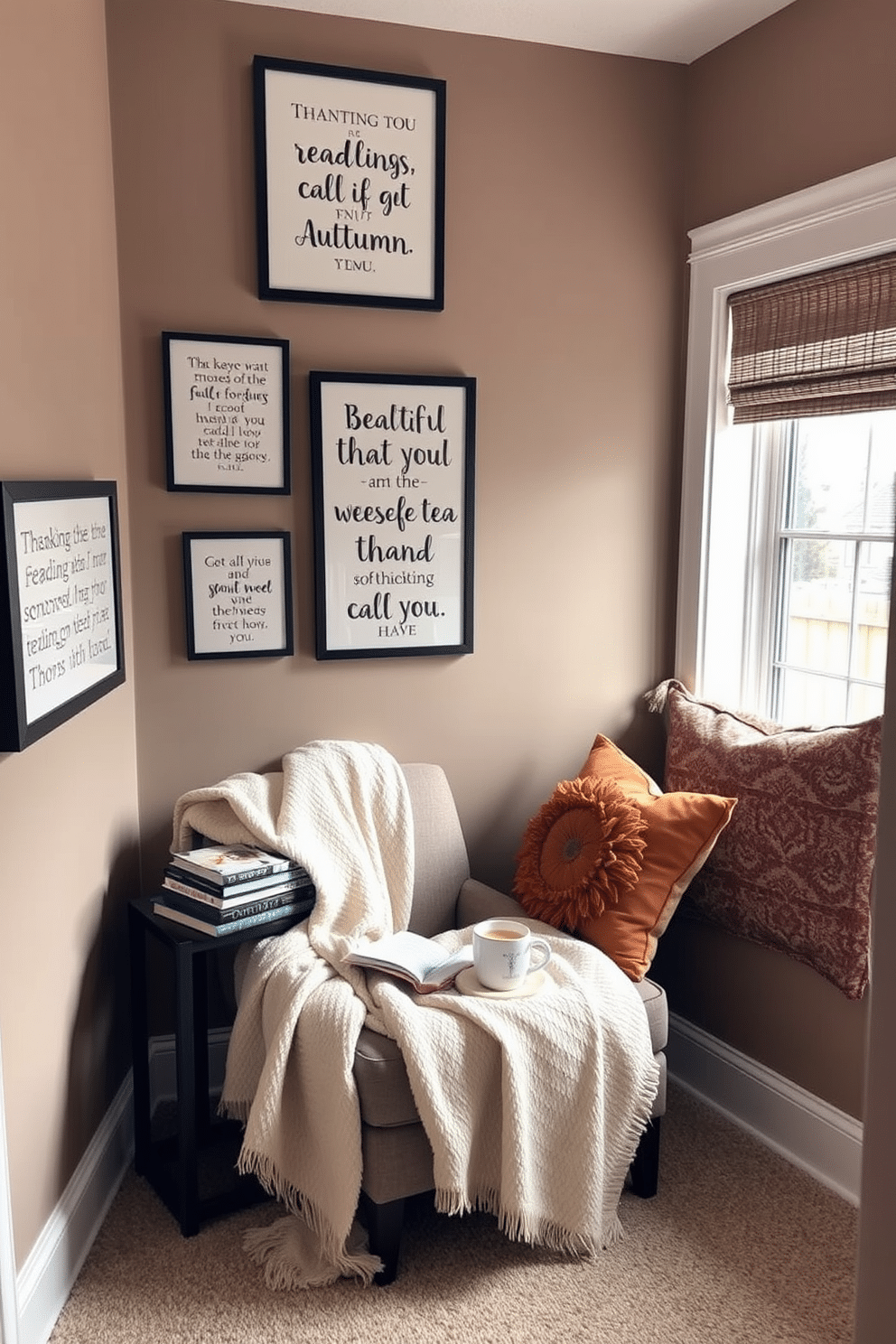 A cozy reading nook adorned with framed quotes about reading and gratitude. The walls are painted in a warm taupe, and a plush armchair sits in the corner, draped with a soft throw blanket. A small side table holds a stack of books and a steaming mug of tea. Decorative cushions in autumn colors add a touch of seasonal charm, while a window seat invites natural light to illuminate the space.