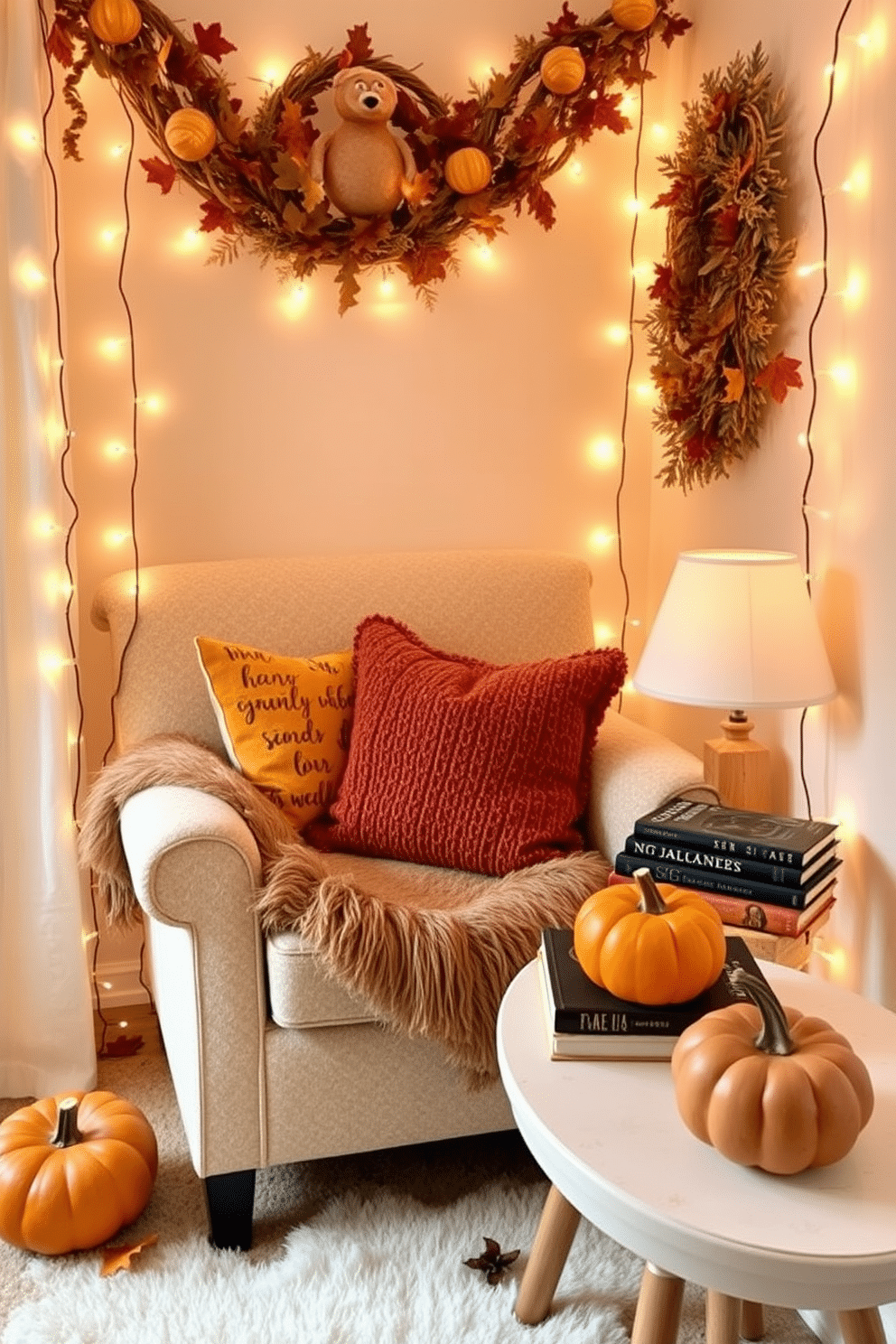 A cozy reading nook decorated for Thanksgiving. Soft lighting illuminates the space with warm fairy lights draped around a comfortable armchair and a small side table. Plush cushions in autumn colors add comfort to the chair. A stack of seasonal books rests on the table alongside a decorative pumpkin.