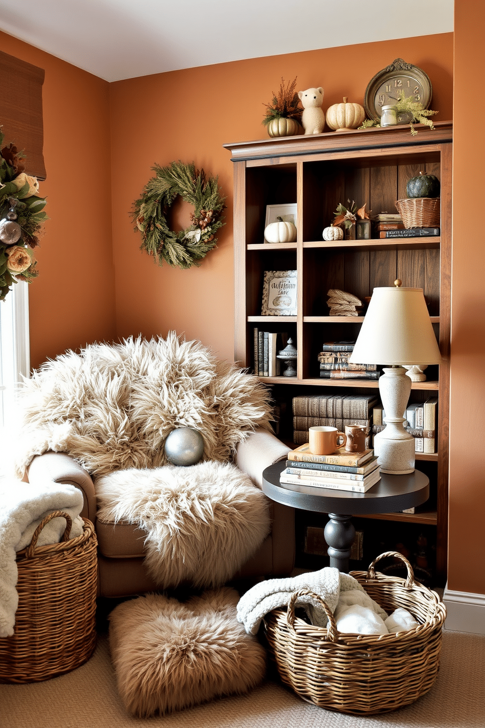 A cozy reading nook adorned with faux fur accents creates an inviting atmosphere for Thanksgiving. A plush armchair is draped with a soft faux fur throw, while a small side table holds a steaming mug of cider and a stack of autumn-themed books. The walls are painted in warm earthy tones, complemented by a rich wooden bookshelf filled with seasonal decorations. A woven basket in the corner stores extra blankets, inviting you to curl up and enjoy the festive ambiance.