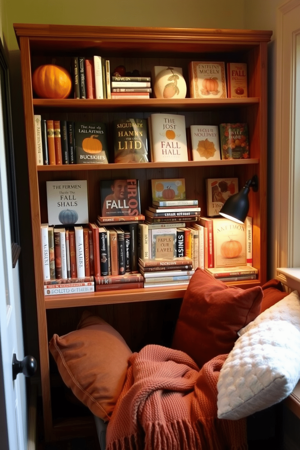 A cozy reading nook adorned with a wooden bookshelf filled with an array of fall-themed books. Plush cushions and a warm throw blanket create an inviting space, while soft lighting enhances the autumn ambiance.