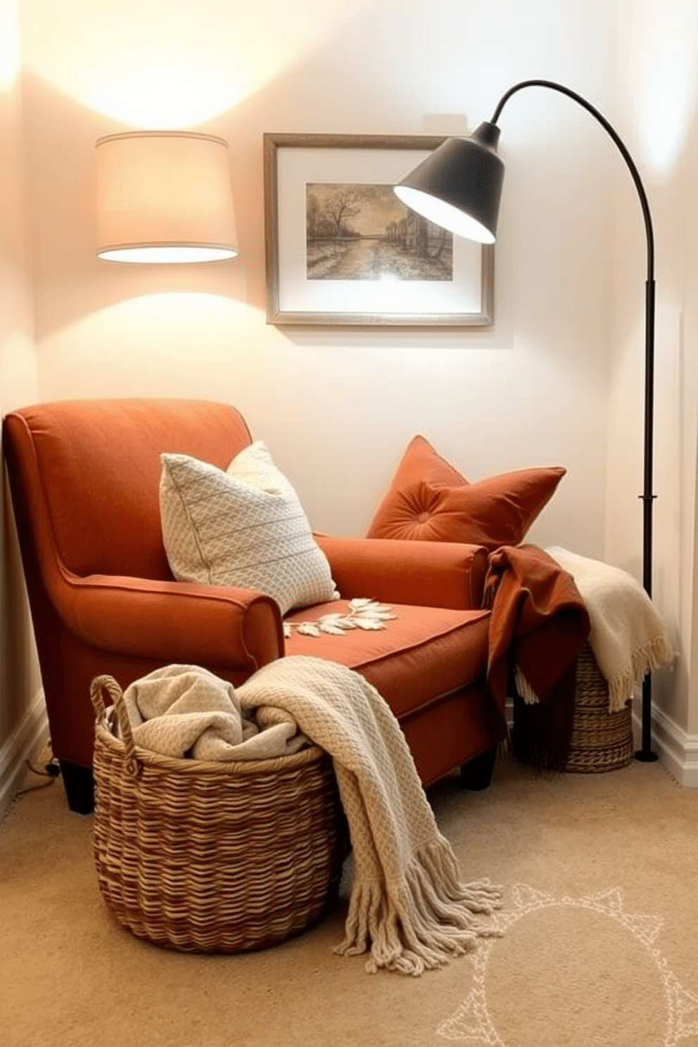 A cozy reading nook featuring a plush armchair in a warm, inviting fabric. A large woven basket sits beside the chair, filled with extra blankets for comfort during chilly Thanksgiving evenings. The nook is adorned with soft, ambient lighting from a stylish floor lamp. Decorative pillows in autumnal colors add a seasonal touch, creating a perfect spot for curling up with a good book.