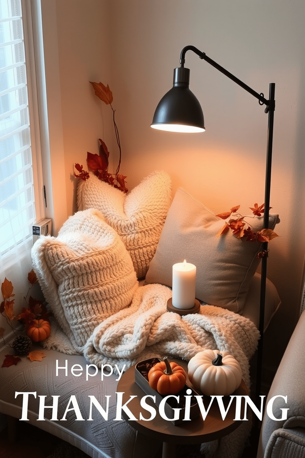 A cozy reading nook adorned with plush cushions and a soft throw blanket invites relaxation. Aromatic candles are strategically placed on a small side table, filling the space with a warm and inviting scent. The nook is illuminated by a stylish floor lamp that casts a gentle glow. Seasonal decorations, including autumn leaves and small pumpkins, add a festive touch for Thanksgiving.