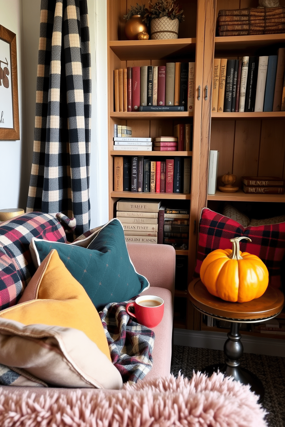 A cozy reading nook adorned with plaid fabric draped over plush furniture creates a warm and inviting atmosphere. Soft cushions in complementary colors are scattered on the seating, enhancing comfort and style. A rustic wooden bookshelf filled with seasonal decor and favorite books adds character to the space. A small side table holds a steaming cup of tea and a decorative pumpkin, perfect for a Thanksgiving ambiance.