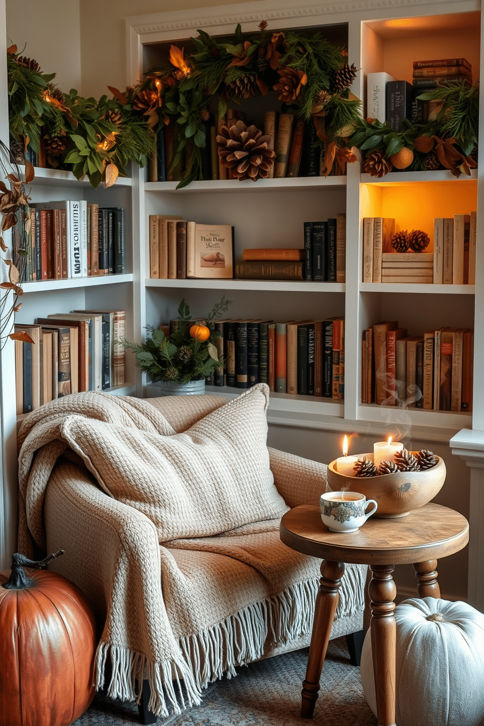 A cozy reading nook adorned with natural elements such as pinecones and leaves. The space features a plush armchair draped in a soft throw blanket, surrounded by shelves filled with books and seasonal decor. A small wooden side table holds a steaming cup of tea and a decorative bowl filled with pinecones. Soft, warm lighting illuminates the nook, creating an inviting atmosphere perfect for Thanksgiving relaxation.