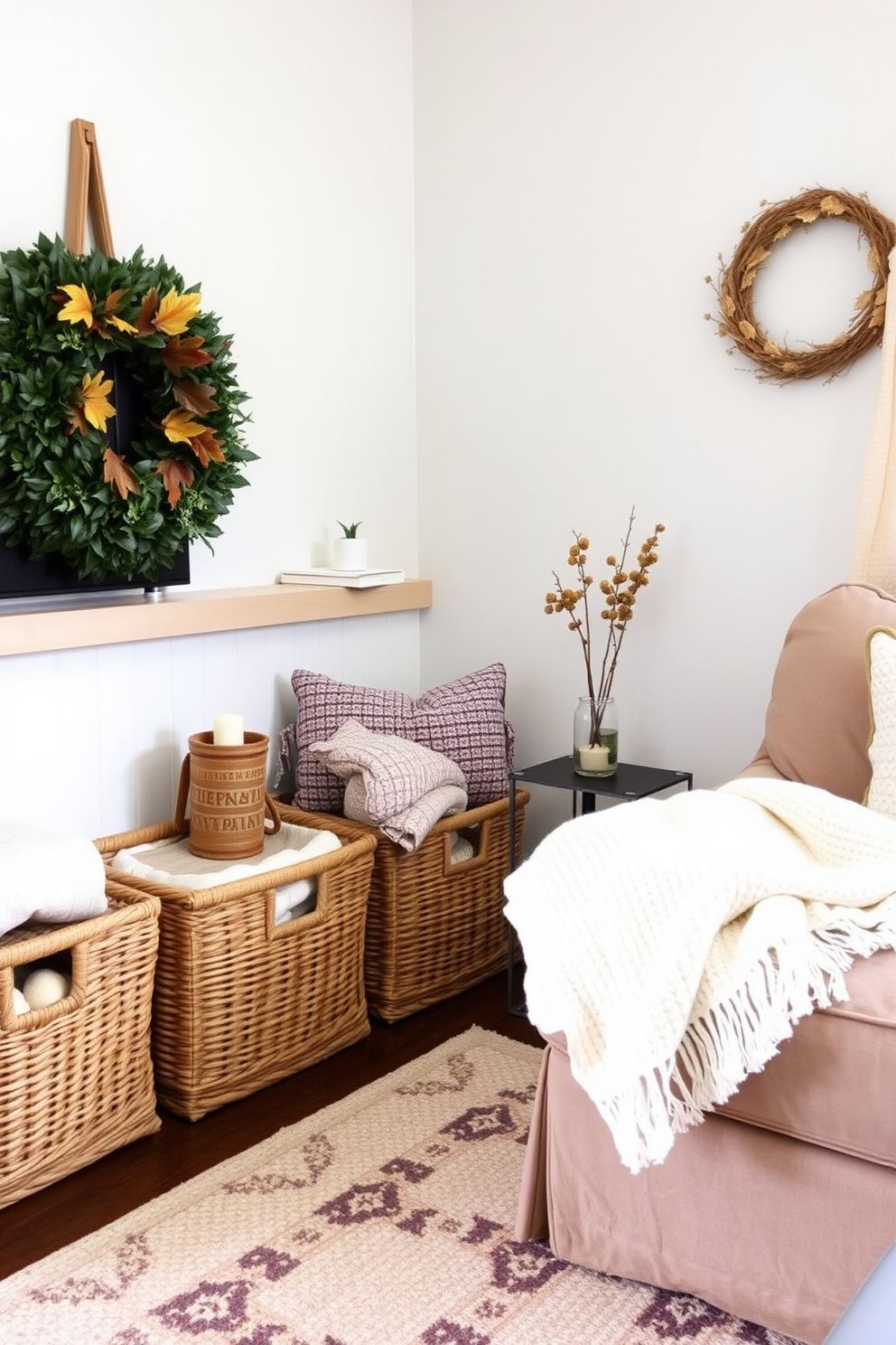 A cozy small living room adorned with woven baskets for extra blanket storage. The baskets are neatly placed in a corner, adding texture and warmth to the space while complementing the autumn-themed decor.