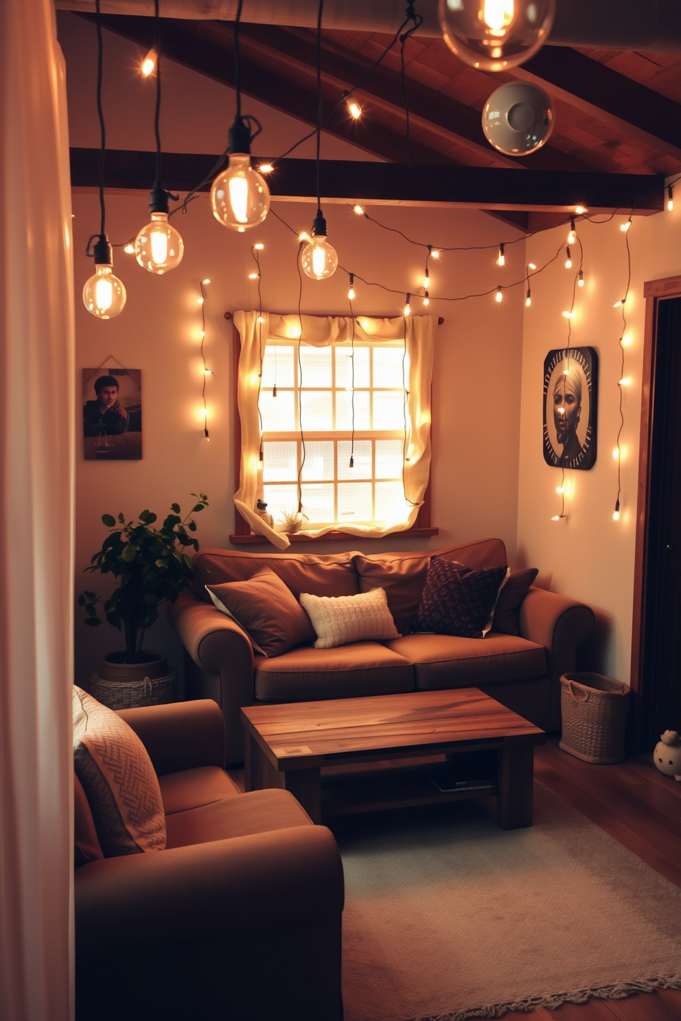 A cozy small living room adorned with hanging string lights that cast a warm glow across the space. The room features a plush sofa in earthy tones, complemented by soft throw pillows and a rustic coffee table made of reclaimed wood.