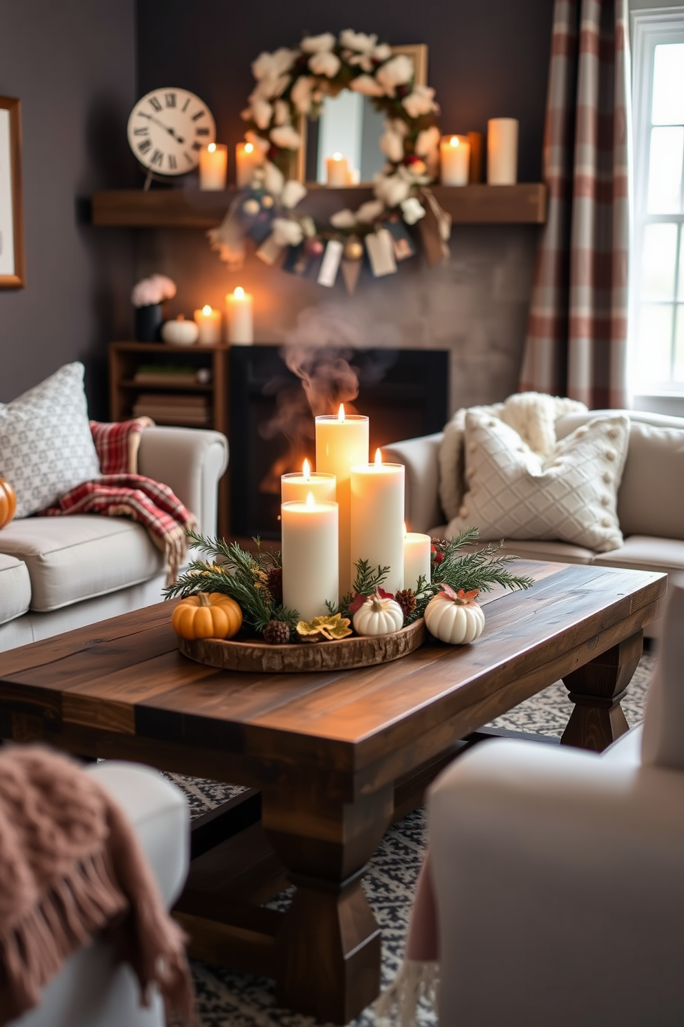 A cozy small living room adorned with seasonal scented candles creating an inviting aroma. The candles are placed on a rustic wooden coffee table surrounded by plush seating and warm throw blankets, enhancing the festive atmosphere for Thanksgiving.