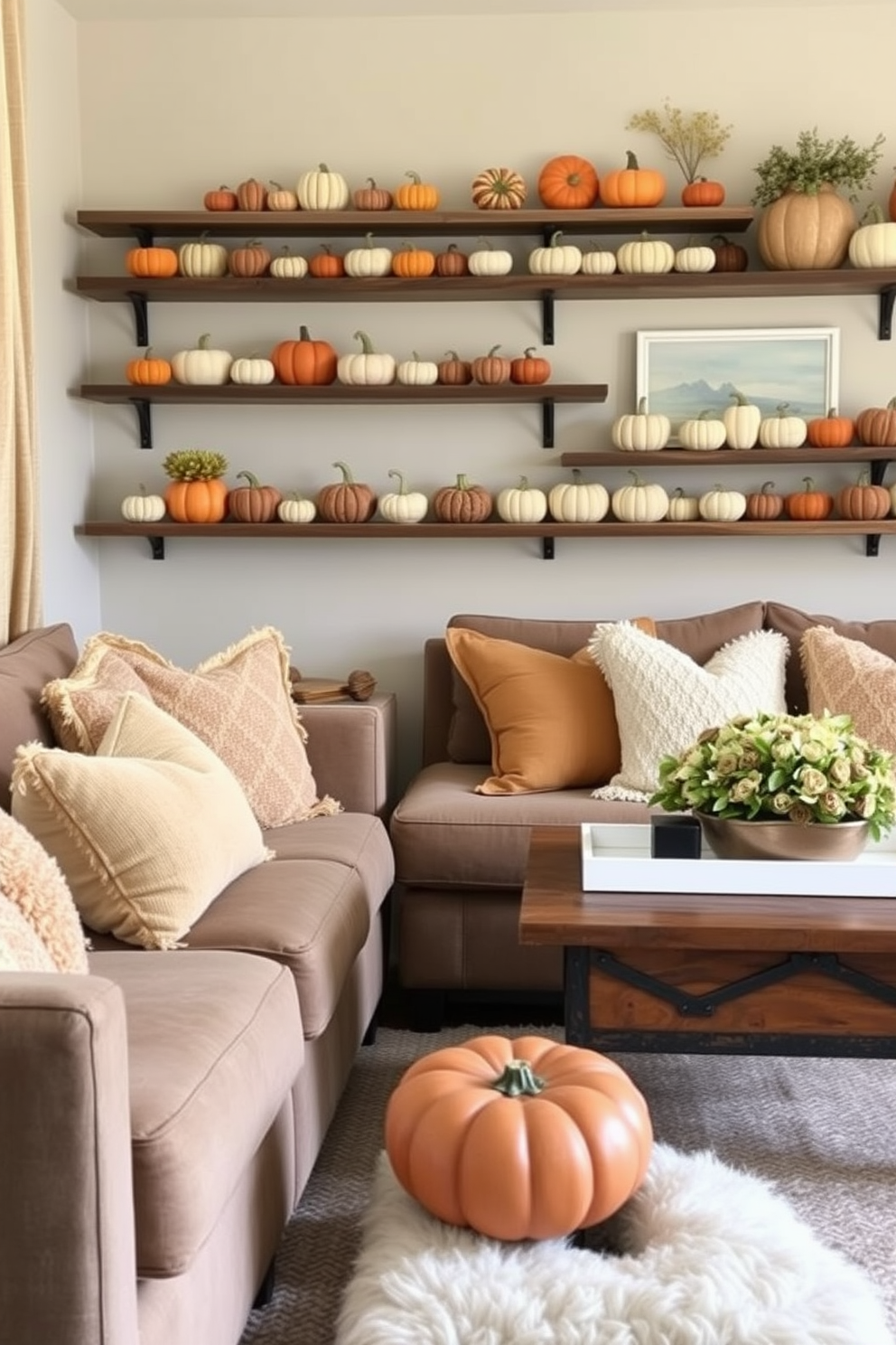 A cozy small living room adorned for Thanksgiving features shelves decorated with an assortment of miniature pumpkins in various colors and sizes. The warm hues of the pumpkins complement the soft, inviting textures of the plush seating and the rustic wooden coffee table.