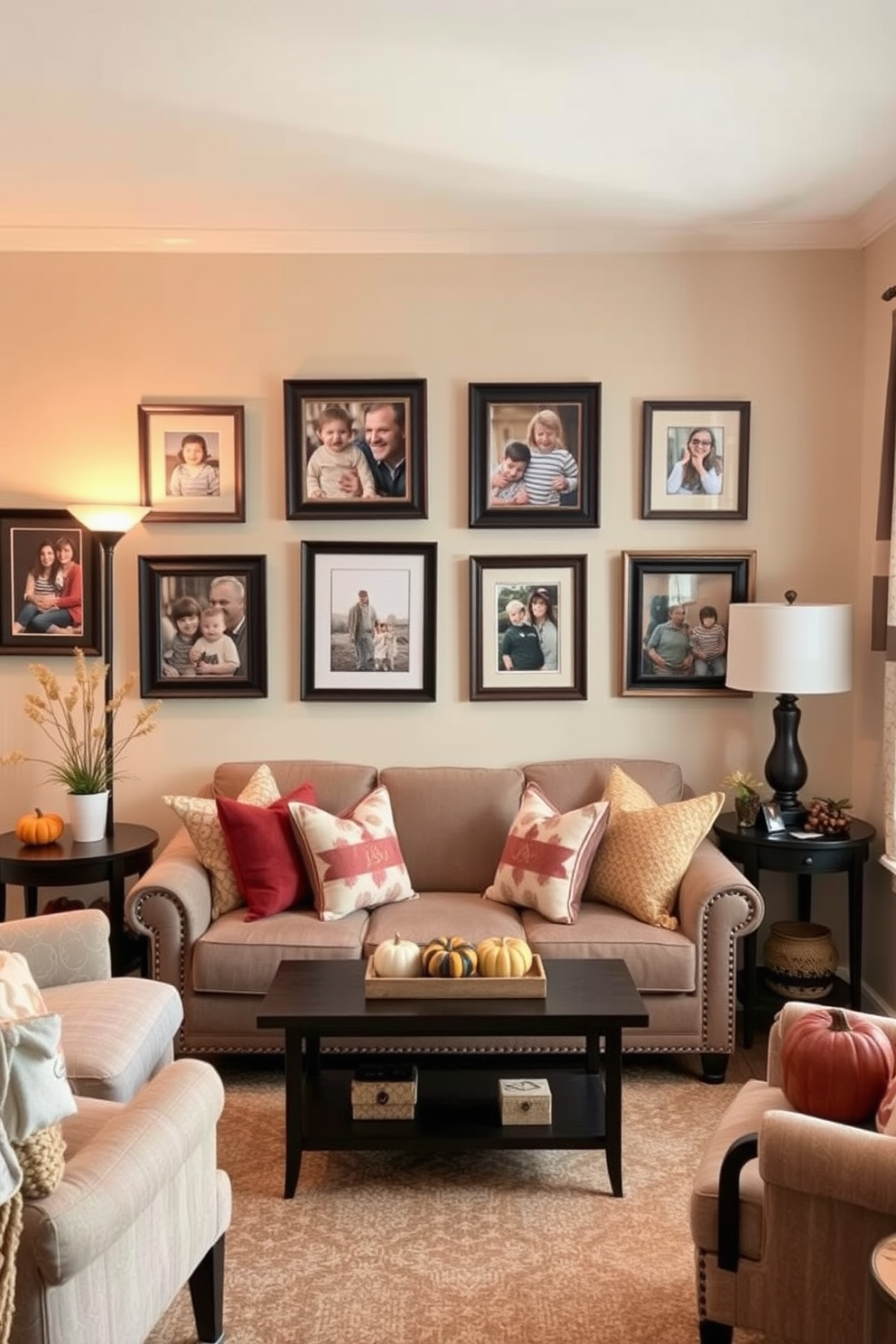 A cozy small living room adorned with framed family photos in autumn-themed frames. The space features a warm color palette with soft lighting, inviting textures, and seasonal decorations that evoke the spirit of Thanksgiving.