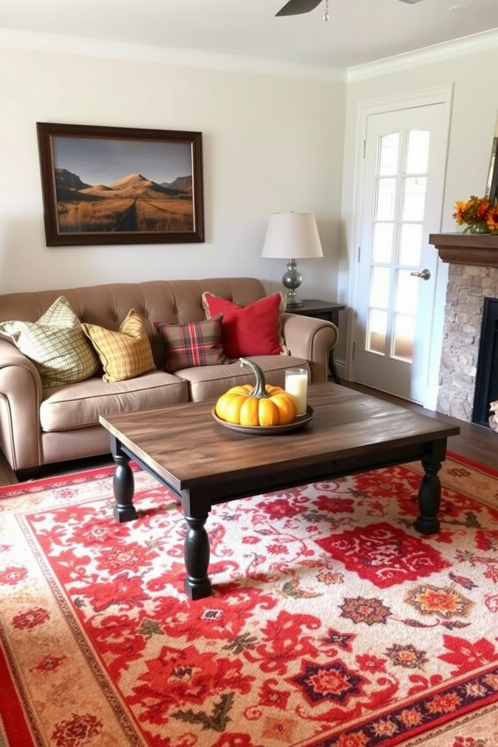 A cozy small living room adorned with layered rugs that create depth and warmth. The base rug is a soft neutral tone while the top rug features a vibrant pattern that adds a pop of color. Decorative pillows in autumn hues are arranged on a plush sofa, inviting relaxation. A wooden coffee table is topped with seasonal decor, including a small pumpkin and a scented candle, enhancing the Thanksgiving theme.