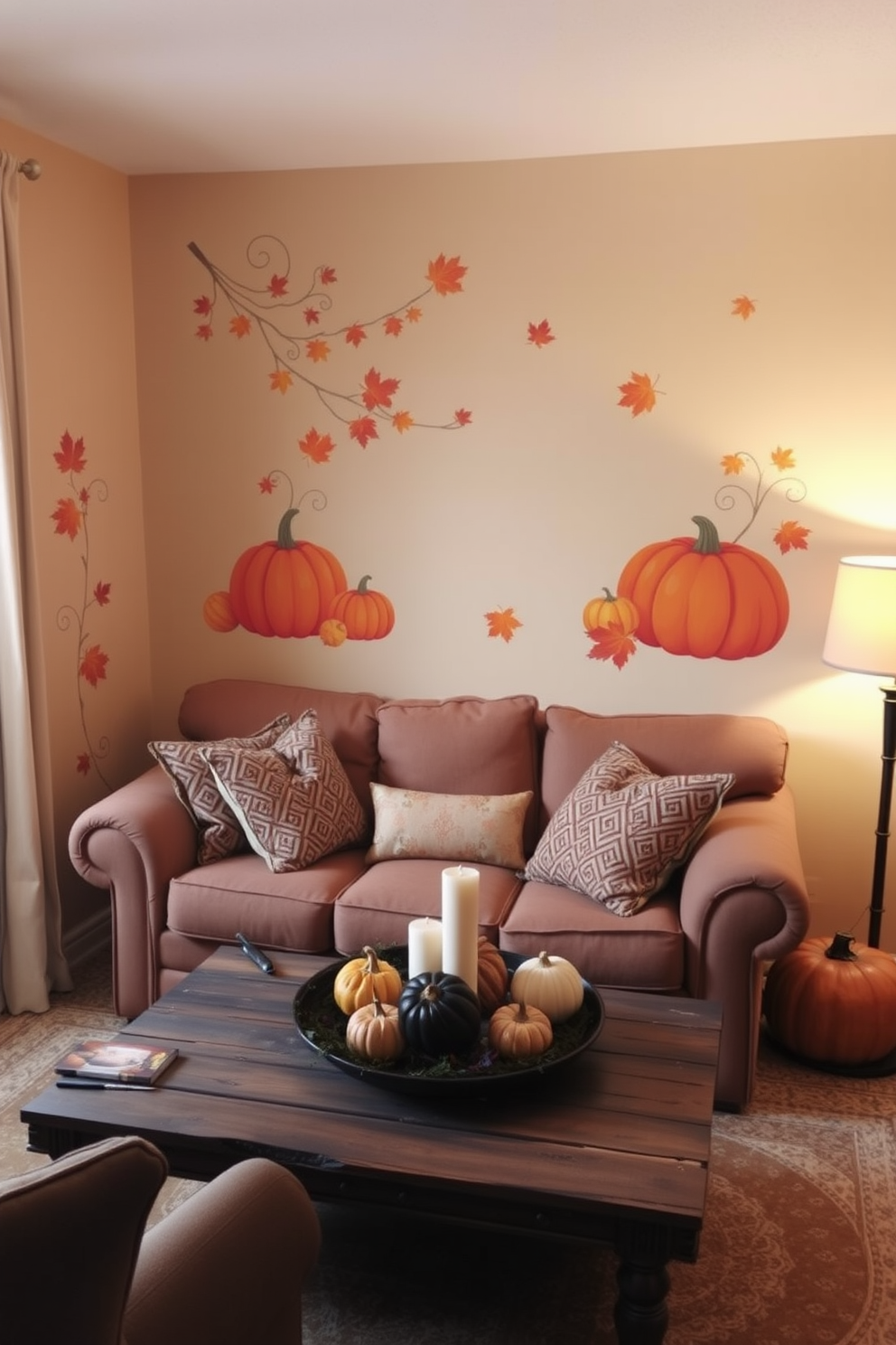 A cozy small living room adorned with Thanksgiving themed wall decals depicting autumn leaves and pumpkins. A warm color palette of oranges and browns enhances the inviting atmosphere, while a plush sofa is accented with seasonal throw pillows. A rustic coffee table displays a centerpiece of gourds and candles, creating a festive focal point. Soft lighting from a nearby lamp casts a gentle glow, inviting family and friends to gather and celebrate the holiday.