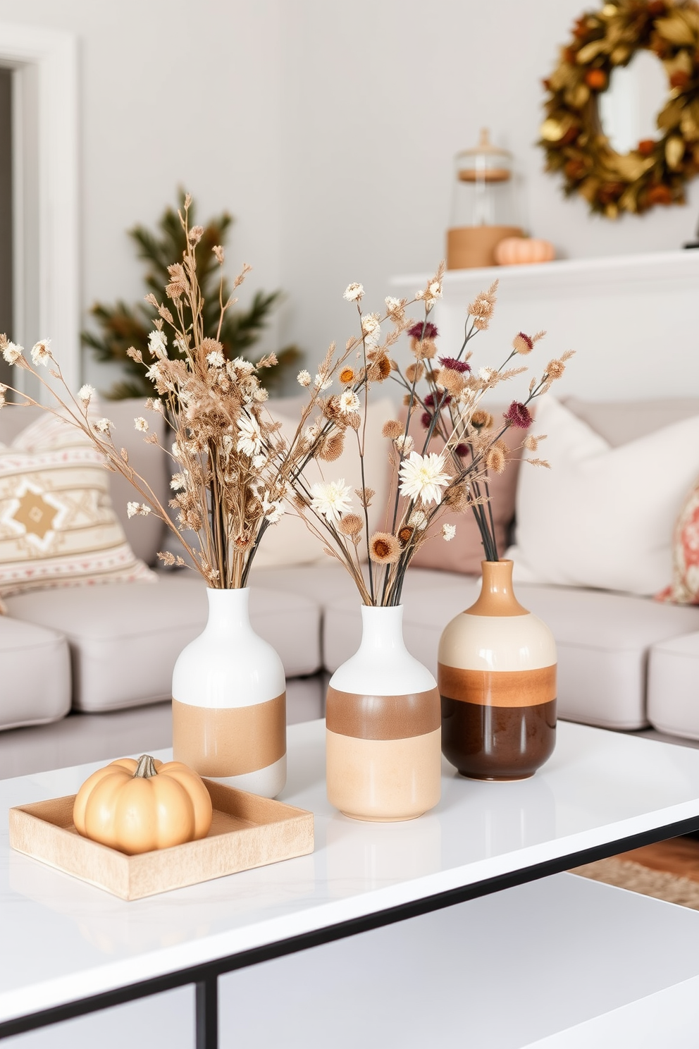 Chic ceramic vases filled with dried flowers are elegantly arranged on a minimalist coffee table. The warm tones of the vases complement the cozy atmosphere of the small living room decorated for Thanksgiving.