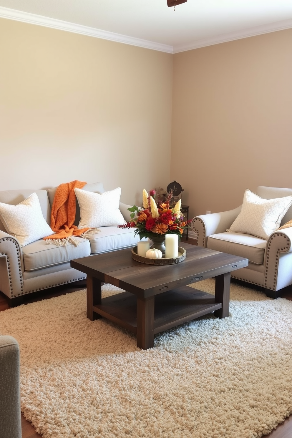 A warm and inviting small living room features accent chairs upholstered in soft, textured fabric. Cozy throws in autumn colors are draped over the chairs, adding a seasonal touch perfect for Thanksgiving gatherings. A rustic coffee table made of reclaimed wood sits at the center, adorned with a centerpiece of seasonal flowers and candles. The walls are painted in a warm beige tone, complemented by a plush area rug that ties the space together.