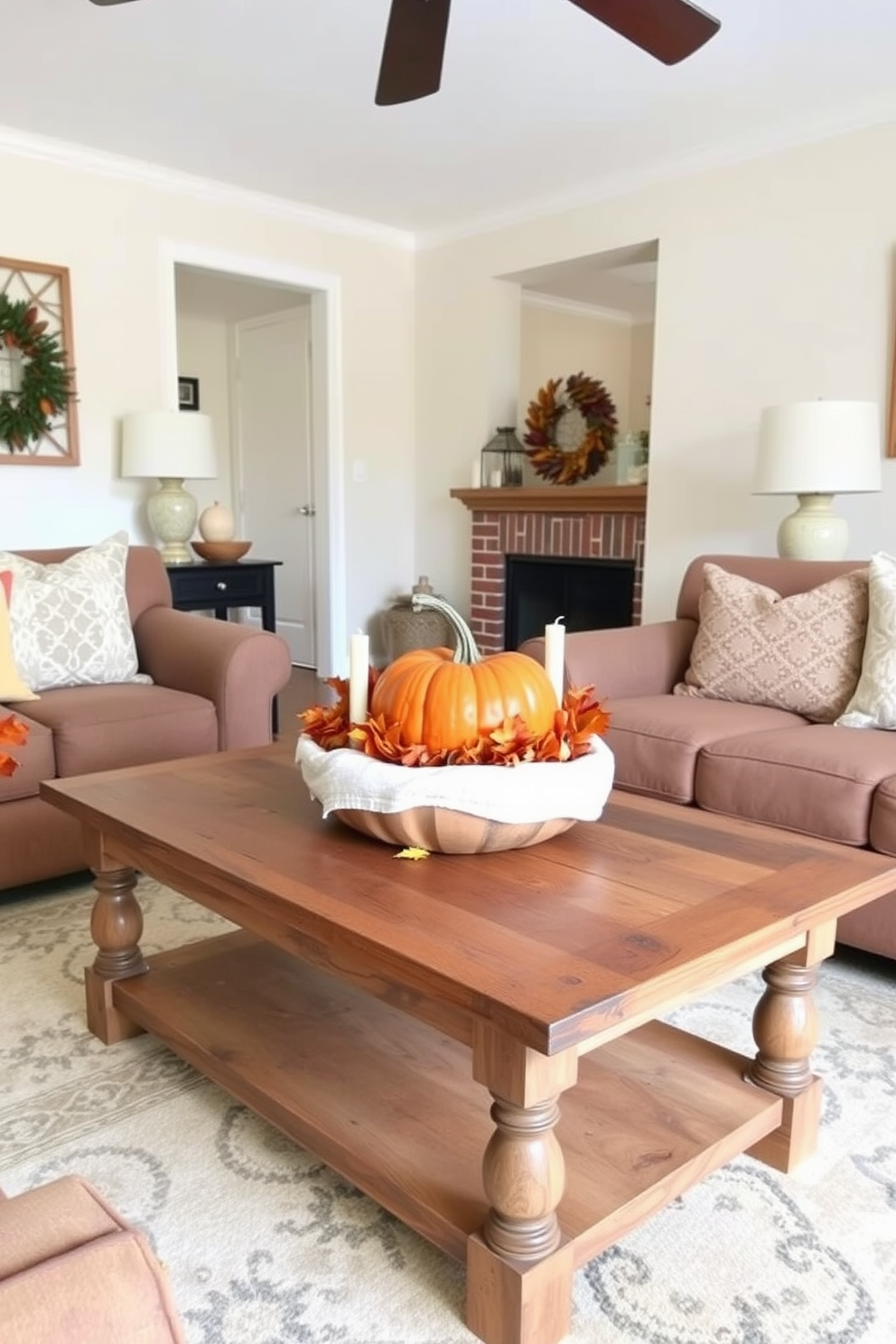 A charming small living room decorated for Thanksgiving features a rustic wooden coffee table at the center. On the table, a vibrant pumpkin centerpiece is surrounded by autumn leaves and candles, creating a warm and inviting atmosphere.