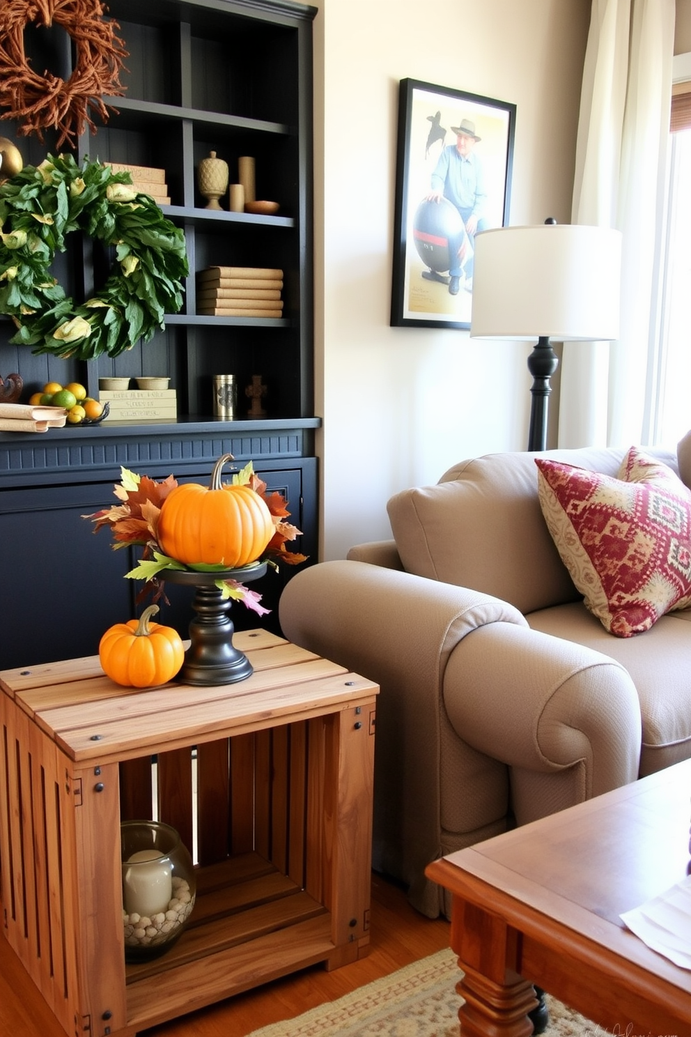 A cozy small living room decorated for Thanksgiving features wooden crates used as charming side tables. The crates are adorned with seasonal decor, including small pumpkins and autumn leaves, creating a warm and inviting atmosphere.