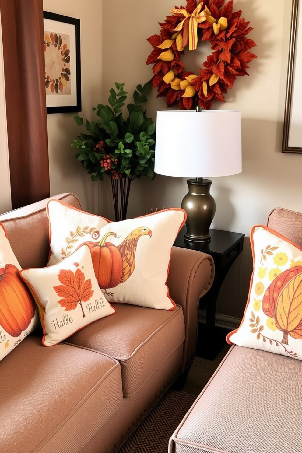 A cozy small living room adorned with decorative pillows featuring fall motifs. The pillows showcase warm colors like orange, red, and yellow, creating a festive atmosphere for Thanksgiving.