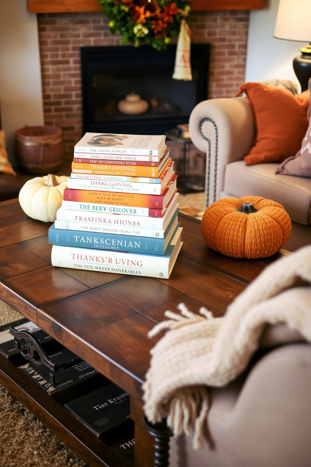 A cozy living room decorated for Thanksgiving features a stack of beautifully arranged books with autumn-themed covers on a rustic wooden coffee table. Surrounding the table are plush, warm-colored cushions and a soft throw blanket draped over a comfortable armchair.