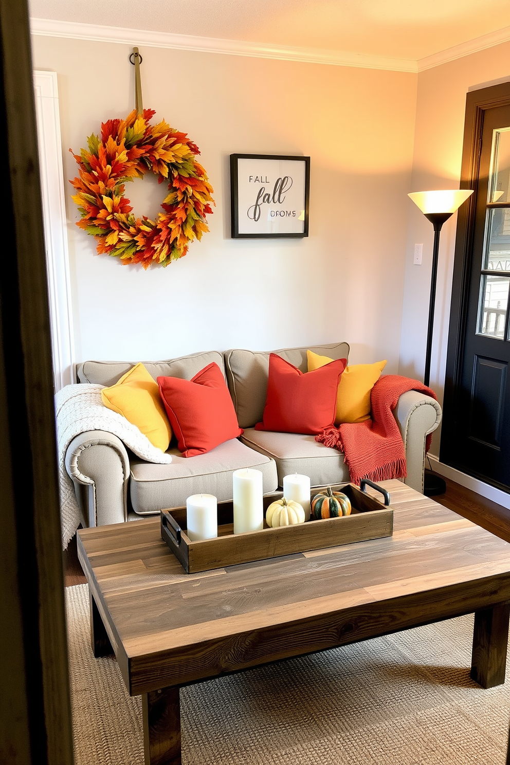 A vibrant fall wreath adorned with orange, red, and yellow leaves hangs on the front door, welcoming guests with seasonal charm. Inside, the small living room features a cozy arrangement of a plush sofa with colorful throw pillows and a warm knitted blanket draped over the armrest. A rustic coffee table made of reclaimed wood sits in the center, topped with a decorative tray holding scented candles and a small pumpkin. Soft, ambient lighting from a stylish floor lamp creates an inviting atmosphere, perfect for Thanksgiving gatherings.