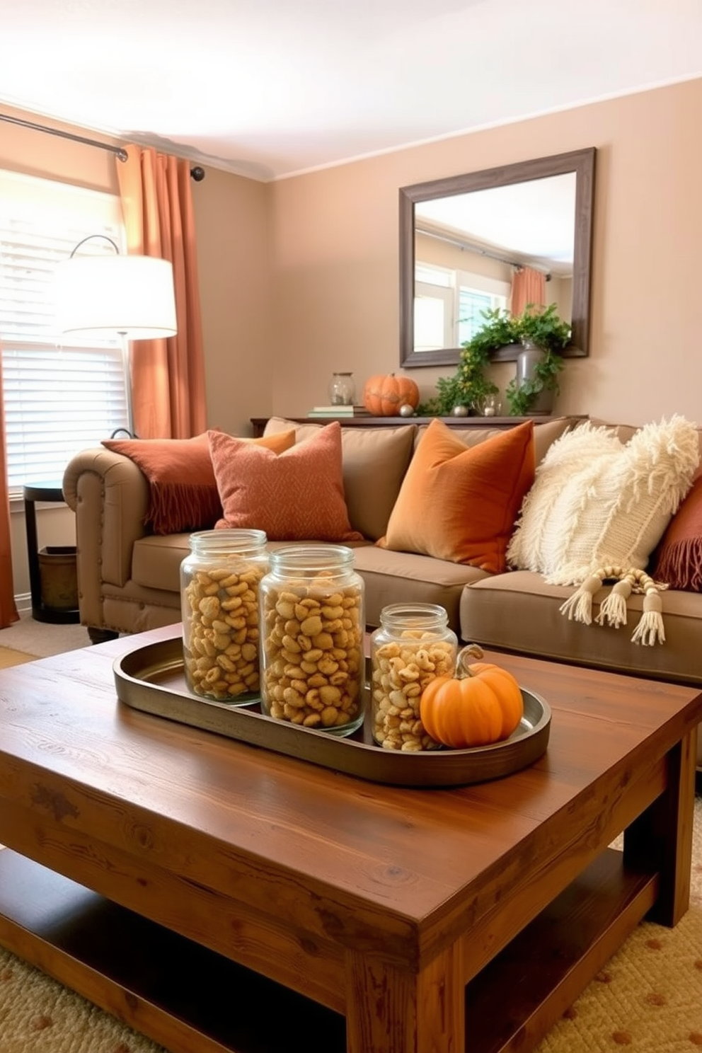 A cozy small living room decorated for Thanksgiving features a warm color palette with deep oranges and rich browns. On a rustic wooden coffee table, glass jars filled with seasonal treats like pumpkin spice cookies and caramel corn are artfully arranged, adding a festive touch. Plush throw pillows in autumnal hues adorn a comfortable sofa, inviting relaxation. Soft, ambient lighting from a stylish floor lamp enhances the inviting atmosphere, perfect for gathering with loved ones.