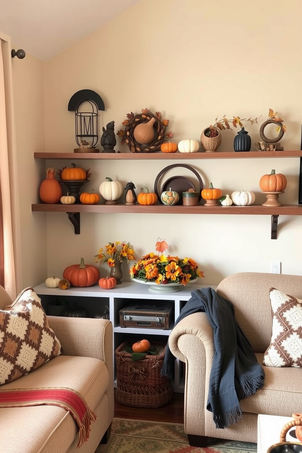 A cozy small living room adorned with harvest-themed figurines on the shelves. The decor includes pumpkins, cornucopias, and autumn leaves, creating a warm and inviting atmosphere for Thanksgiving.