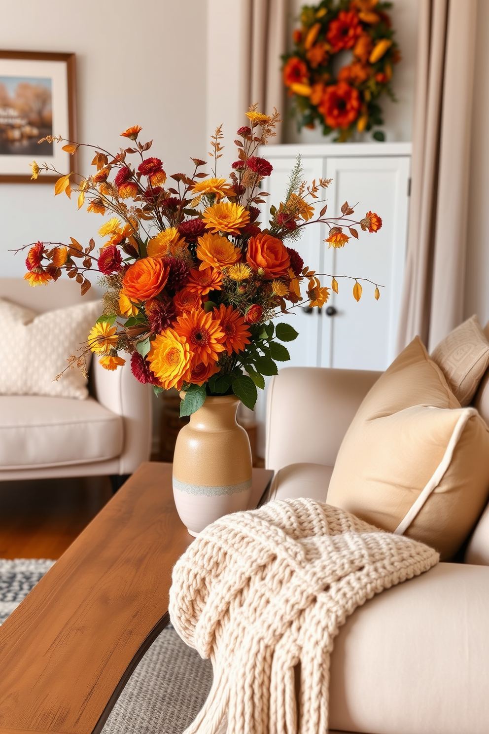 A cozy small living room adorned with floral arrangements in rich autumn hues. The arrangement features deep oranges, warm yellows, and rustic reds, beautifully displayed in a ceramic vase on a wooden coffee table. Soft, plush seating in neutral tones complements the vibrant colors of the flowers. A knitted throw blanket drapes over the arm of a sofa, adding warmth to the inviting space.