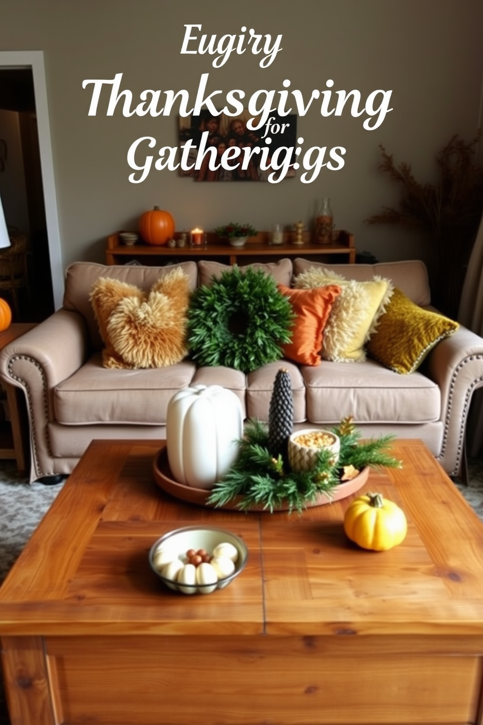 A cozy living room setting designed for Thanksgiving gatherings. The space features a comfortable sofa adorned with plush cushions in warm autumn colors. In front of the sofa, a rustic wooden coffee table holds seasonal decorations and snacks. Soft, ambient lighting creates an inviting atmosphere, enhancing the warmth of the room.