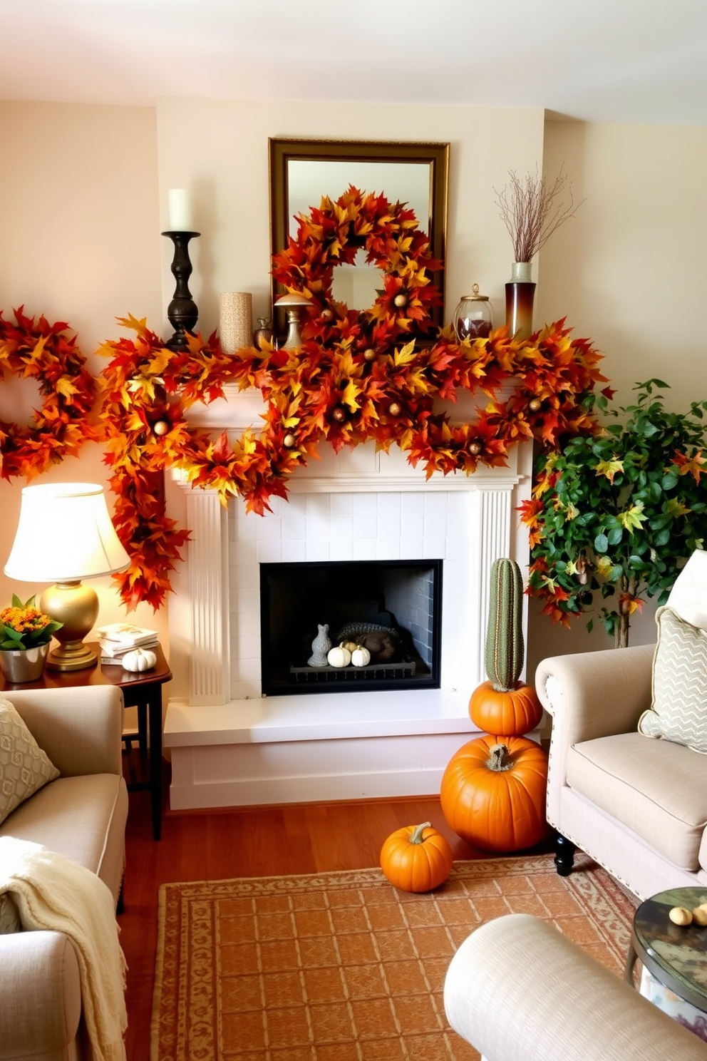 A cozy small living room adorned for Thanksgiving. The mantel is decorated with a vibrant autumn leaves garland, creating a warm and inviting atmosphere.