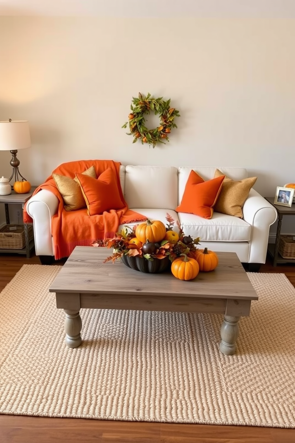 A cozy small living room designed for Thanksgiving with a neutral color palette accented by pops of orange. Soft beige walls create a warm backdrop, while an orange throw blanket drapes over a plush cream sofa adorned with vibrant orange and gold cushions. A rustic wooden coffee table sits at the center, topped with a seasonal centerpiece featuring orange pumpkins and autumn leaves. A woven area rug in natural tones anchors the space, and a few framed family photos add a personal touch to the decor.