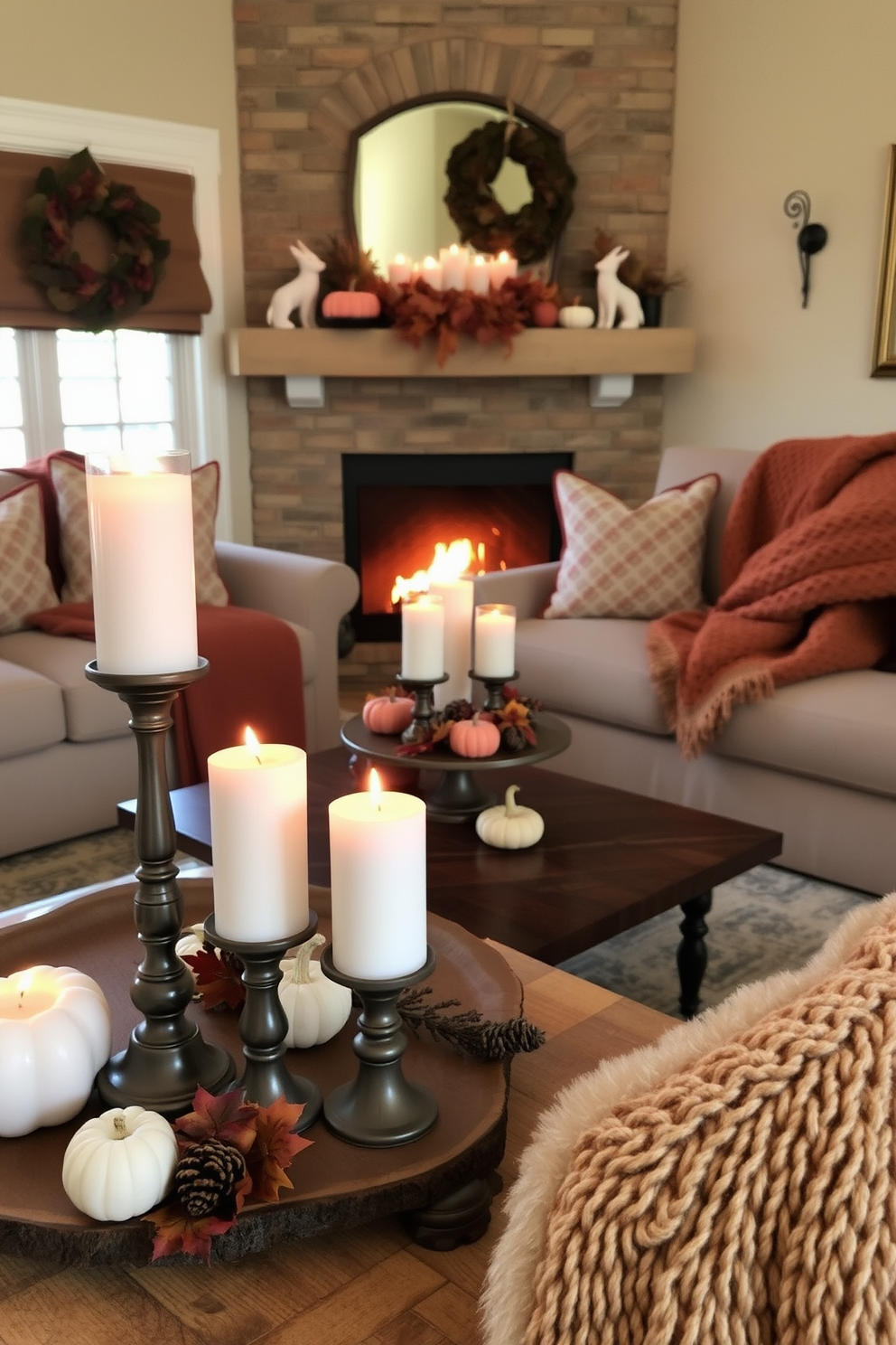 A cozy living room setting for Thanksgiving featuring candles in varying heights to create a warm ambiance. The space is adorned with autumn-themed decor, including a rustic coffee table and plush throw blankets in rich, earthy tones.