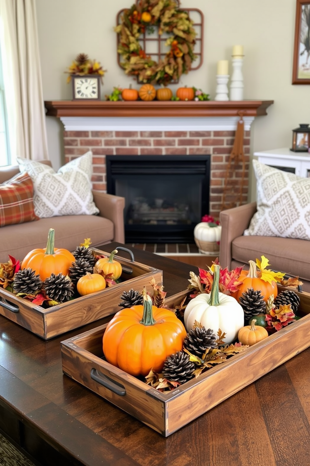 A cozy small living room adorned with rustic wooden trays filled with seasonal decor for Thanksgiving. The trays feature pumpkins, pinecones, and autumn leaves, creating a warm and inviting atmosphere.