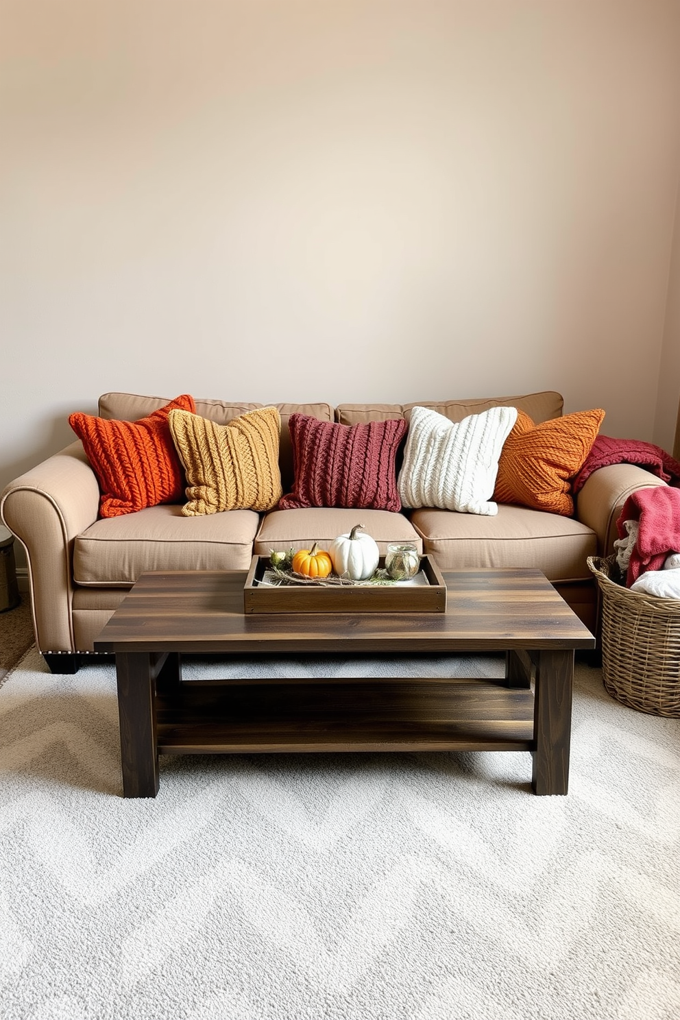 Cozy knitted pillows in warm fall colors are arranged on a plush sofa, inviting a sense of comfort and warmth. A rustic wooden coffee table sits in front, adorned with a small pumpkin centerpiece and a few autumn-themed decorations. The walls are painted in a soft beige, creating a warm backdrop that enhances the cozy atmosphere. A woven basket filled with throw blankets is placed beside the sofa, adding to the inviting feel of the small living room.