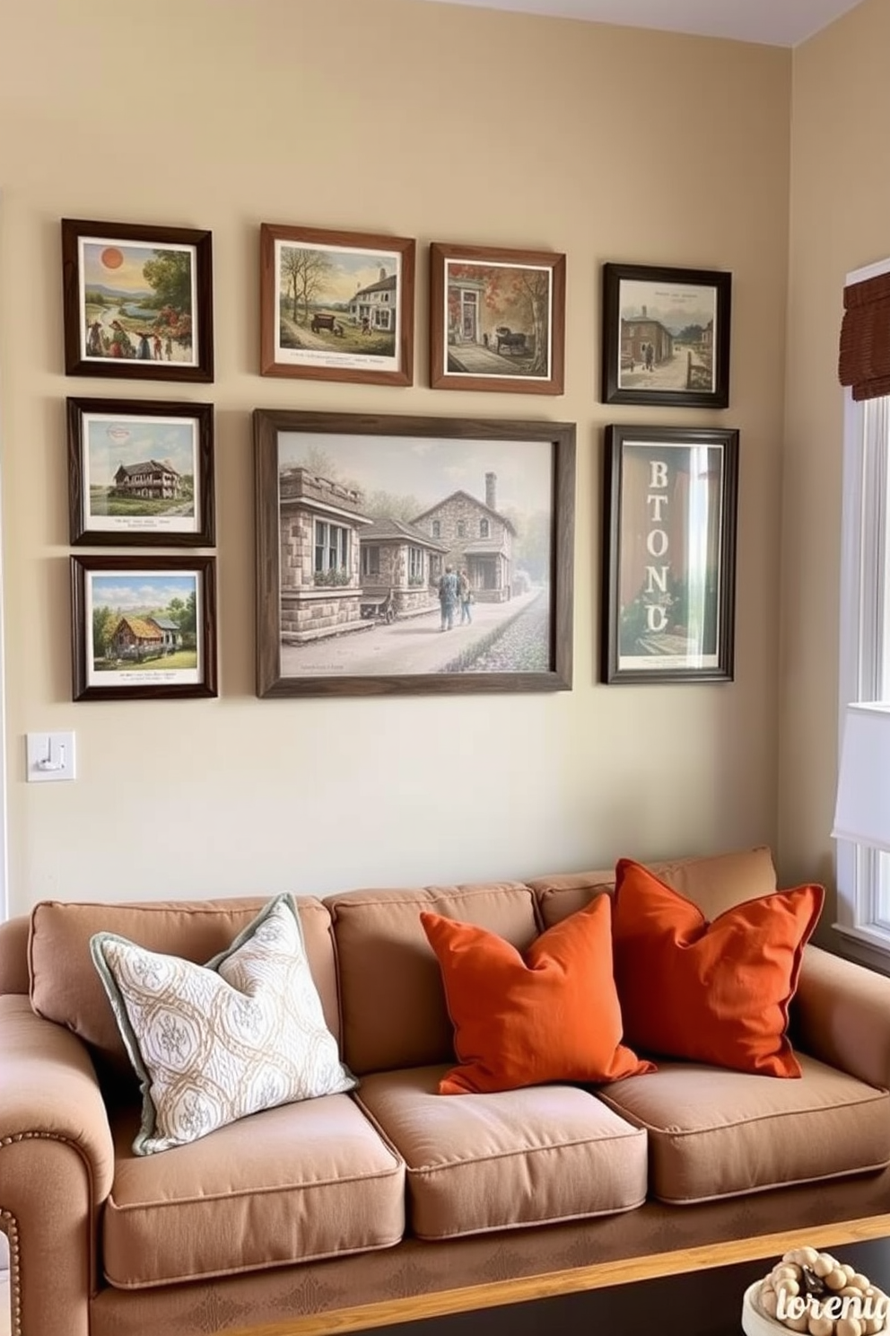 A cozy small living room decorated for Thanksgiving features vintage postcards as wall art, showcasing nostalgic autumn themes. The postcards are framed in rustic wood and arranged in a gallery style above a plush, inviting sofa adorned with warm-toned cushions.