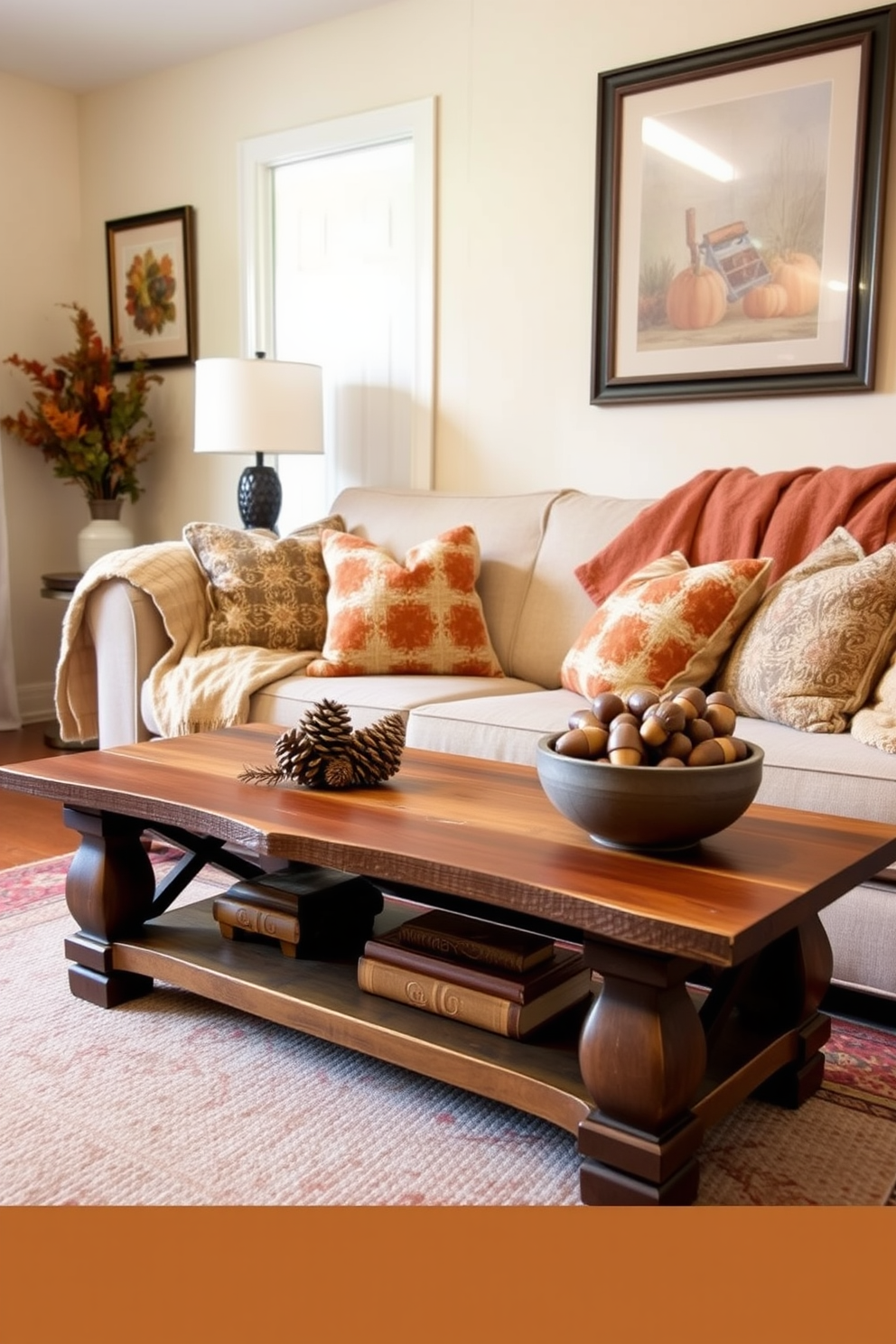 A cozy small living room decorated for Thanksgiving features natural elements like pinecones and acorns artfully arranged on a rustic wooden coffee table. Soft throw blankets in warm earth tones drape over a plush sofa, creating an inviting atmosphere for family gatherings. A decorative bowl filled with acorns sits on a side table, complementing the autumn-themed decor. The walls are adorned with framed fall-inspired artwork, enhancing the seasonal charm of the space.