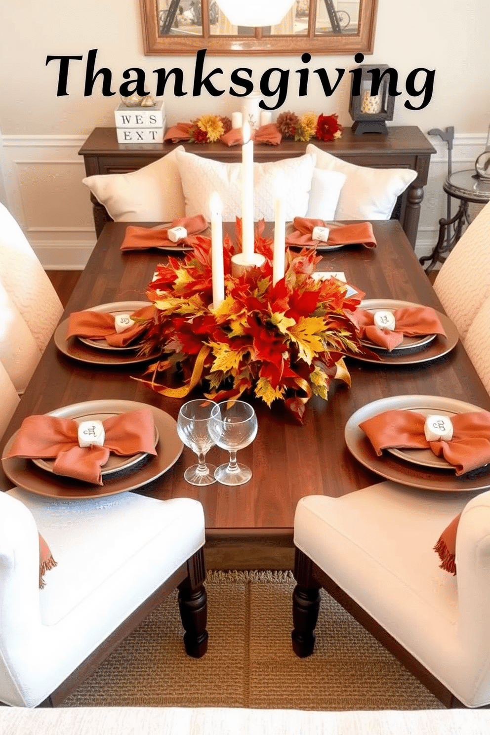 A cozy table setting adorned with seasonal colors creates an inviting atmosphere. The table is set with rustic plates, warm-toned napkins, and a centerpiece of autumn leaves and candles. For Thanksgiving small space decorating ideas, utilize compact furniture that maximizes seating. Incorporate layered textures like soft throws and pillows to enhance warmth and comfort.