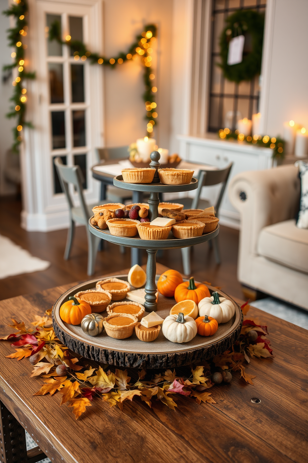 A cozy Thanksgiving setup featuring a tiered tray filled with an assortment of snacks including mini pumpkin pies, cheese cubes, and fresh fruit. The tray is placed on a rustic wooden table adorned with autumn leaves and small decorative pumpkins, creating a warm and inviting atmosphere. In a small living space, the decor highlights a blend of functionality and charm with a compact dining table set for two. Soft, warm lighting illuminates the scene, enhancing the seasonal decorations of garlands and candles that bring a festive spirit to the room.