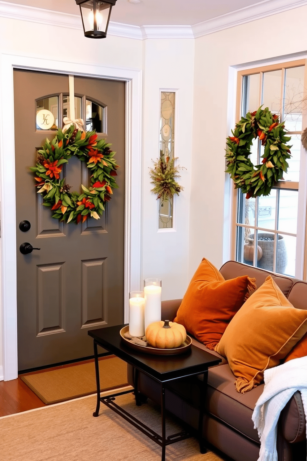 A cozy entryway adorned with festive wreaths on both the front door and the window frames. The wreaths are made of mixed greenery and autumn leaves, adding a warm touch to the small space. In the living room, a small coffee table is decorated with a pumpkin centerpiece and candles. Plush throw pillows in earthy tones are arranged on a compact sofa, creating an inviting atmosphere for Thanksgiving gatherings.