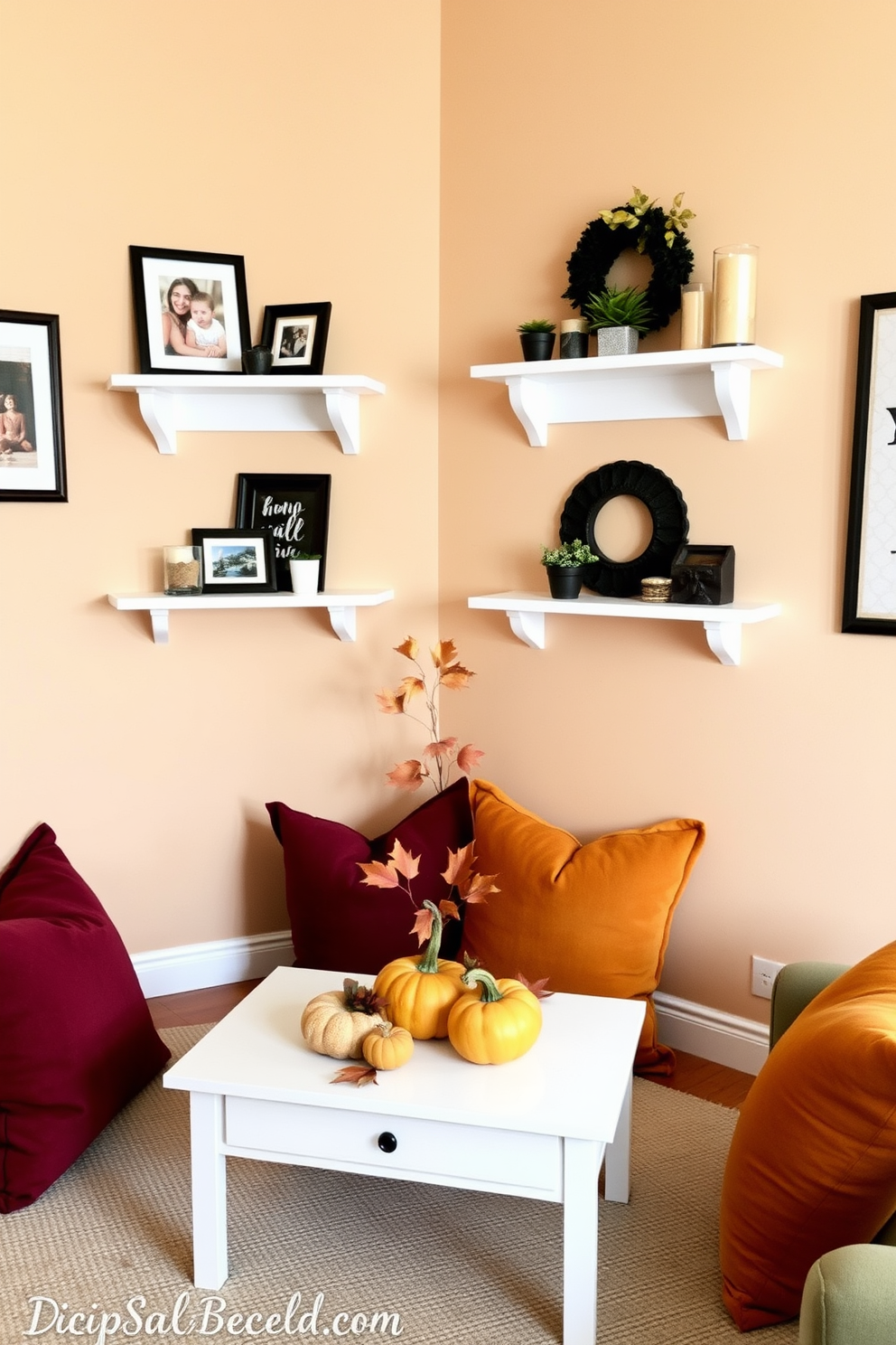 A cozy living room featuring wall shelves adorned with decorative items such as framed photos, candles, and small potted plants. The shelves are painted in a soft white color, contrasting beautifully with the warm, earthy tones of the surrounding walls. In the center of the room, a compact coffee table holds seasonal decorations like pumpkins and autumn leaves. Plush cushions in rich burgundy and mustard yellow add a touch of warmth, creating an inviting atmosphere for Thanksgiving gatherings.