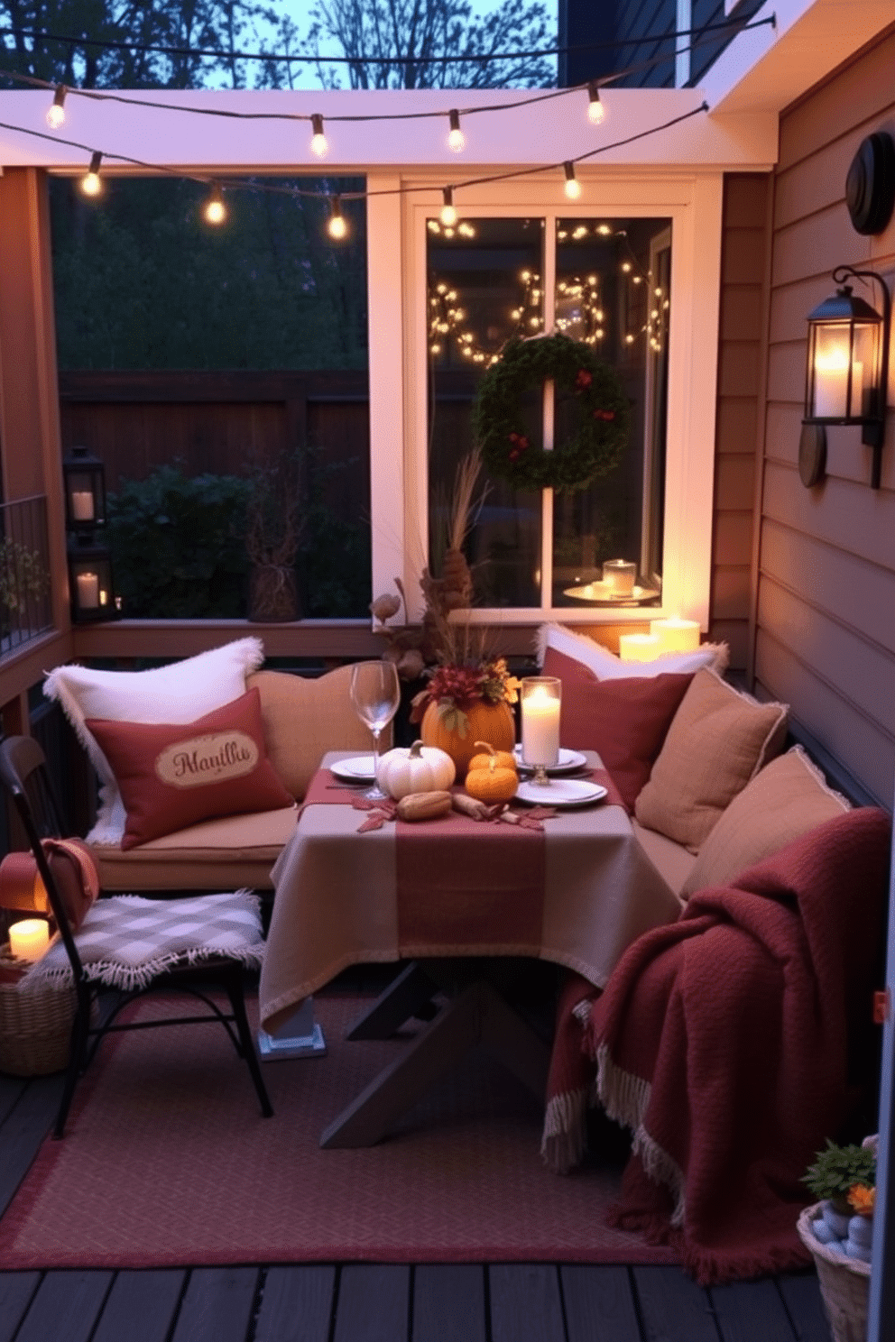 Create a cozy and inviting small space for Thanksgiving celebrations. Incorporate a small dining table set for four, adorned with a rustic tablecloth and seasonal decorations like pumpkins and autumn leaves. Add a comfortable seating area with plush cushions and a warm throw blanket. Use soft lighting from string lights and candles to create a warm ambiance perfect for family gatherings.