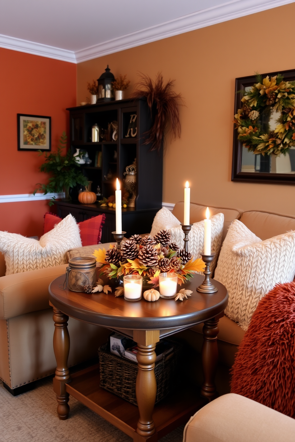 A cozy living room adorned with Thanksgiving decorations. A small wooden table displays a centerpiece made of pinecones and acorns, surrounded by flickering candles and seasonal foliage. The walls are painted in warm earth tones, creating a welcoming atmosphere. Plush cushions in autumn colors are arranged on a comfortable sofa, inviting relaxation and conversation.