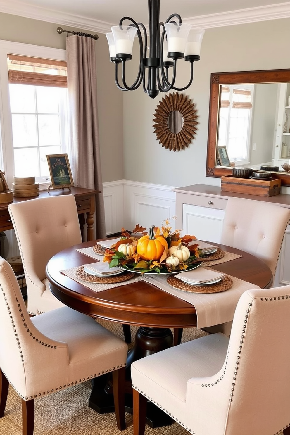 A cozy dining area featuring a round table that enhances the flow of the space. Surround the table with four upholstered chairs in soft, warm tones to create an inviting atmosphere. Decorate the table with a seasonal Thanksgiving centerpiece, incorporating elements like pumpkins and autumn leaves. Use a neutral tablecloth to allow the vibrant colors of the decor to stand out.