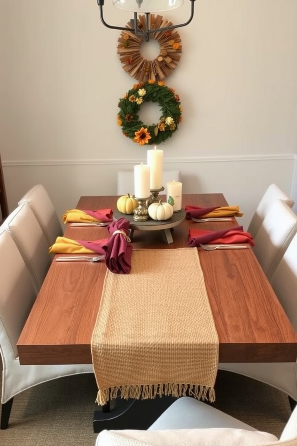 A cozy dining nook adorned with fabric napkins in rich fall colors like deep orange, burgundy, and mustard yellow. The table is set with a rustic wooden centerpiece featuring seasonal gourds and candles, creating a warm and inviting atmosphere. Surrounding the table, there are compact chairs upholstered in soft, neutral tones to enhance comfort. A small, elegant runner made of natural fibers complements the overall aesthetic, adding texture to the space.