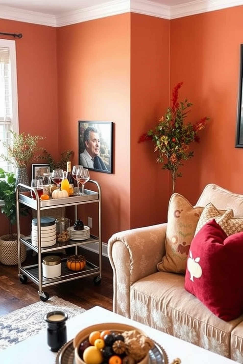 A cozy living room designed for Thanksgiving celebrations in a small space. A stylish small bar cart is placed in the corner, adorned with an array of festive drinks and glassware. The walls are painted in warm earth tones, creating an inviting atmosphere. A plush sofa is decorated with autumn-themed throw pillows, and a small dining table is set with seasonal decor.