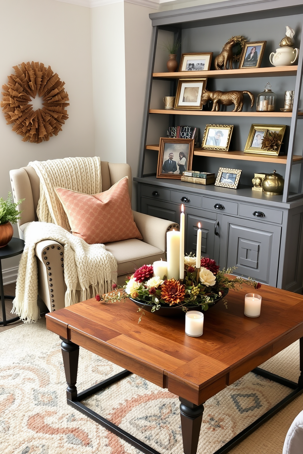 Create a cozy Thanksgiving-themed small space that embraces warmth and texture. Incorporate a mix of soft fabrics like plush throw pillows and a chunky knit blanket draped over a stylish armchair. Use natural elements such as a wooden coffee table adorned with a rustic centerpiece of seasonal flowers and candles. Add a touch of elegance with metallic accents in picture frames and decorative items on the shelves.