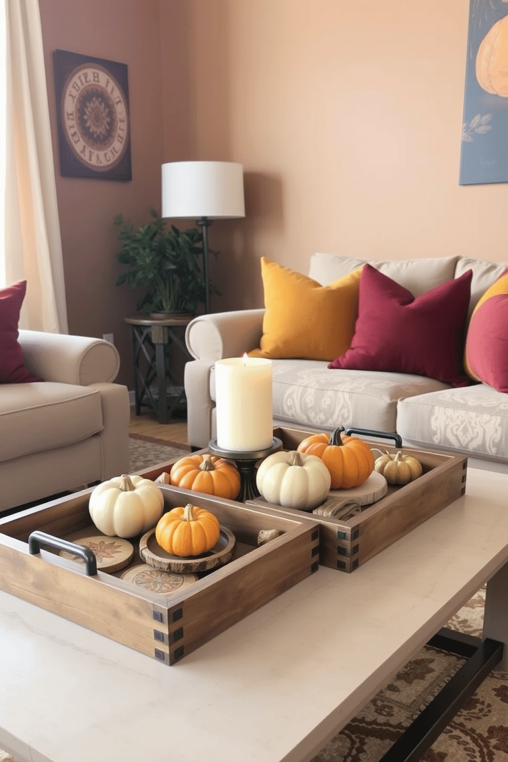 A cozy living room setting designed for Thanksgiving. There are decorative trays on the coffee table organizing seasonal candles, small pumpkins, and autumn-themed coasters. The walls are adorned with warm, earthy tones to create a welcoming atmosphere. A plush sofa is accented with throw pillows in rich burgundy and mustard yellow, enhancing the festive decor.