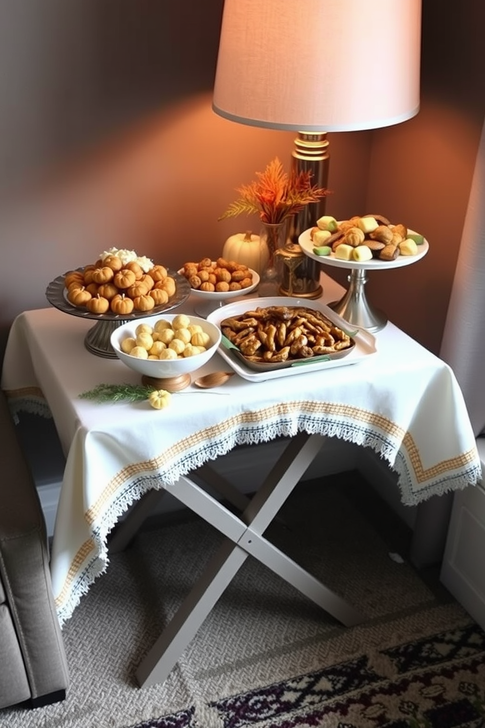 Create a cozy and inviting small buffet setup on a stylish side table for Thanksgiving. The table is adorned with a festive tablecloth, and a variety of delicious dishes are artfully arranged on elegant serving platters. Incorporate seasonal decorations such as mini pumpkins and autumn leaves to enhance the festive atmosphere. Soft lighting from a nearby lamp casts a warm glow, creating an intimate dining experience in a small space.