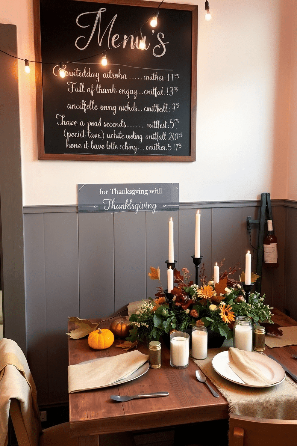 A chalkboard menu display hangs on the wall, showcasing the day's special dishes in elegant handwritten script. Below the chalkboard, a rustic wooden table is adorned with seasonal decorations, including small pumpkins and autumn leaves. For Thanksgiving, the small space is decorated with warm-toned table linens and an assortment of candles that create a cozy ambiance. A simple centerpiece of fresh flowers and greenery adds a touch of nature, while string lights overhead provide a festive glow.