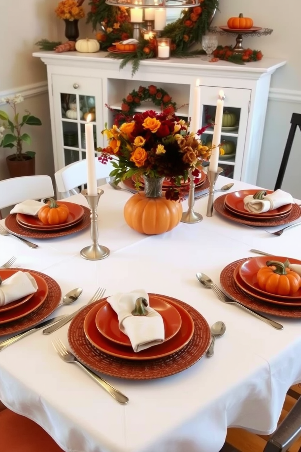 A beautifully themed Thanksgiving table setting designed for a small space. The table is adorned with a crisp white tablecloth and features matching dishes in warm autumn colors, including deep oranges and rich browns. Centerpieces of seasonal flowers and small pumpkins are strategically placed to maximize space. Soft, ambient lighting from candles enhances the cozy atmosphere, making it inviting for guests.