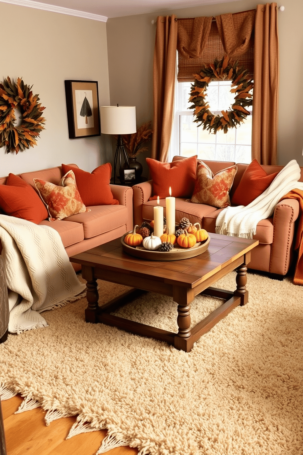 Create a cozy living room setting featuring a small sofa adorned with oversized cushions for extra seating. The space is decorated with warm autumn colors, including deep oranges and rich browns, to evoke a festive Thanksgiving atmosphere. Incorporate a rustic wooden coffee table at the center, adorned with a centerpiece of seasonal decorations like mini pumpkins and candles. Surround the area with soft throw blankets and a plush area rug to enhance the inviting ambiance.